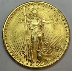 Золотая монета "Двойной орел" Свобода 20 долларов, 1924г. США